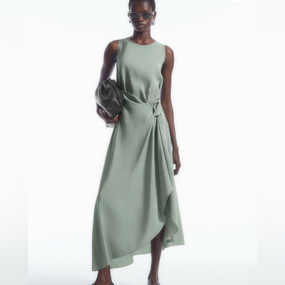 COS Knotted Wrap-Front Midi Dress, Light Green, Size 2